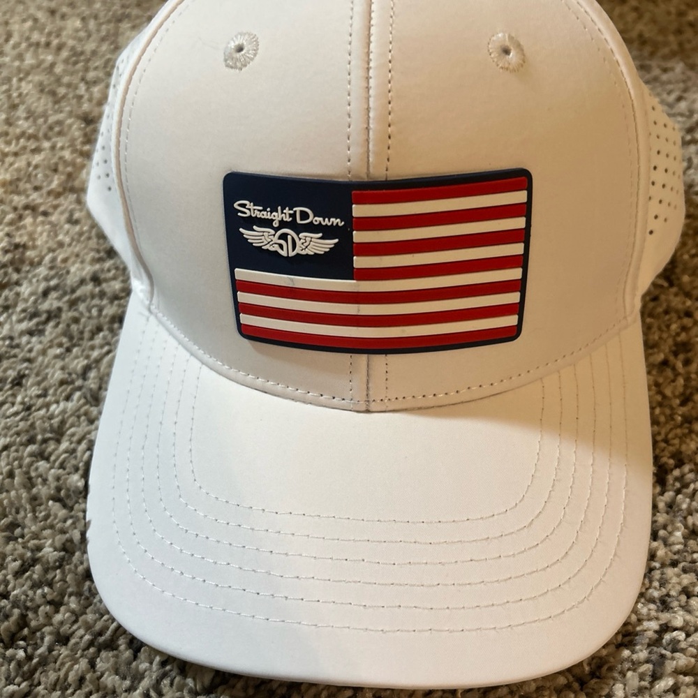 Straight Down White Cap with American Flag Patch
